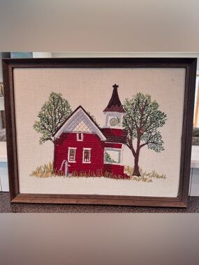 Vintage 1970s crewel embroidery "The Little Red Schoolhouse"